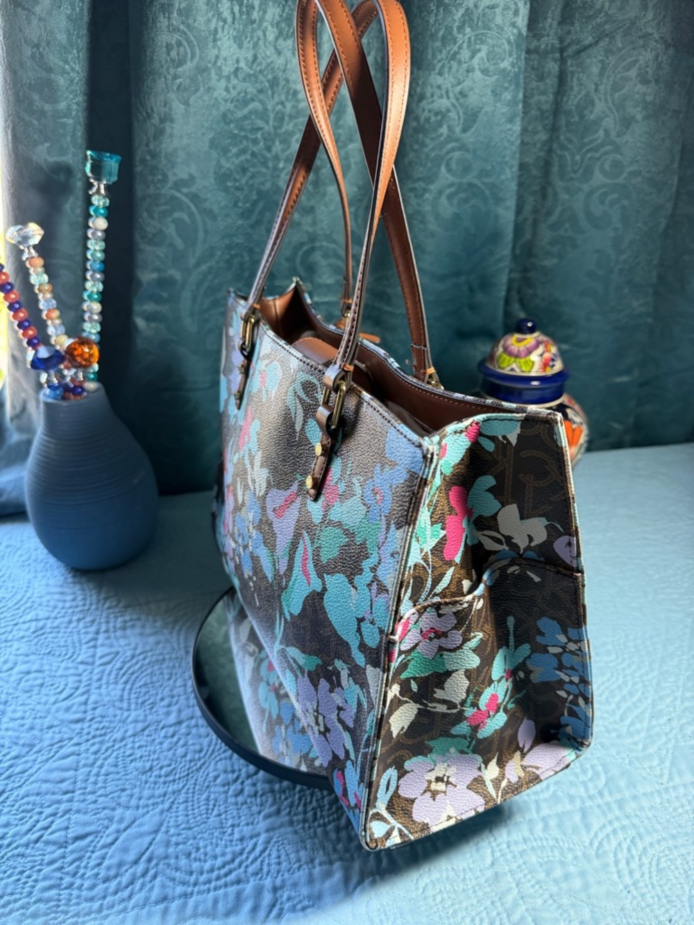 Calvin Klein Brown Floral Canvas Tote with Aqua and Light Blue Accents 13x9 - Picture 6 of 12